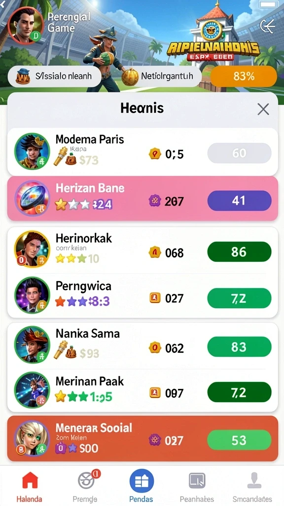 Panel leaderboard yang menunjukkan pemain teratas dan pencapaian mereka.